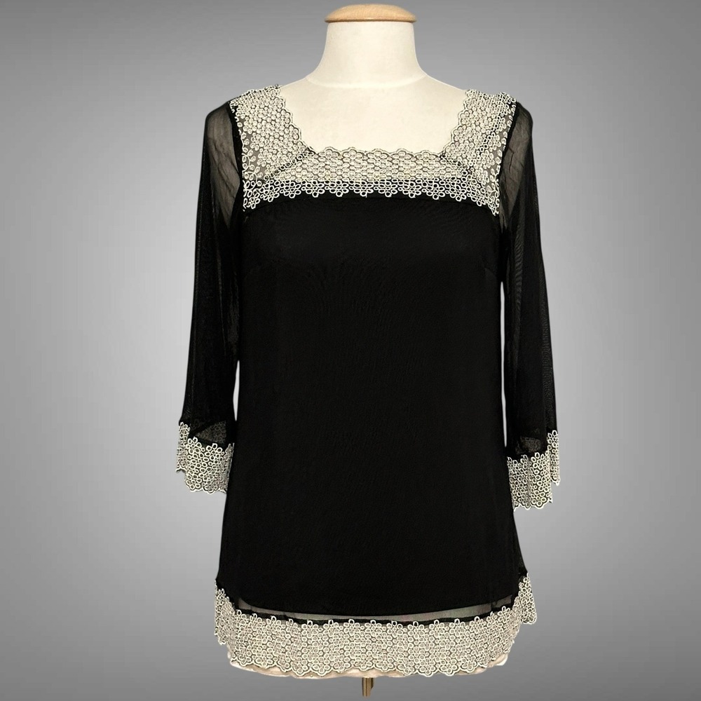 Y2K Witchy Womens Top M Black Crochet Lace Sheer Whimsigoth Fairy Grunge Goth